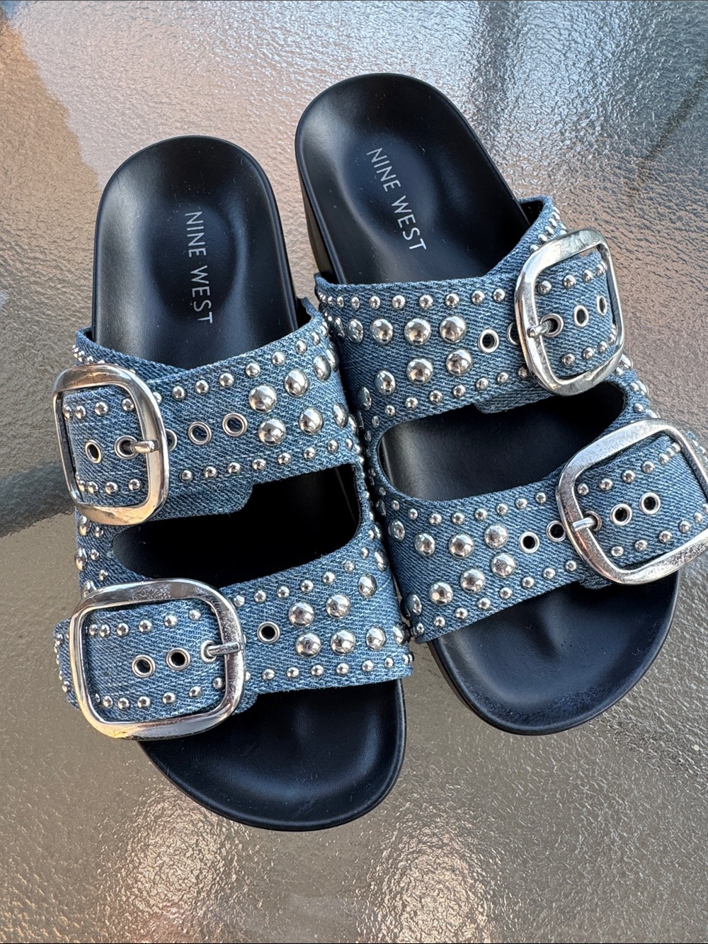 Nine West Denim Studded Double-Buckle Slide Sandals - Blue Sz 6